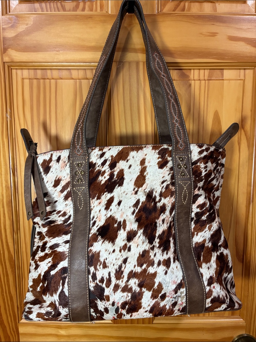 Brown and White Cowhide Leather Tote Bag
